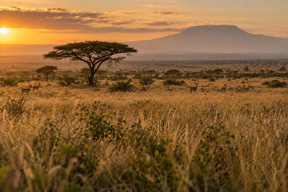 Antelope on an African savanna in natural golden sunlight